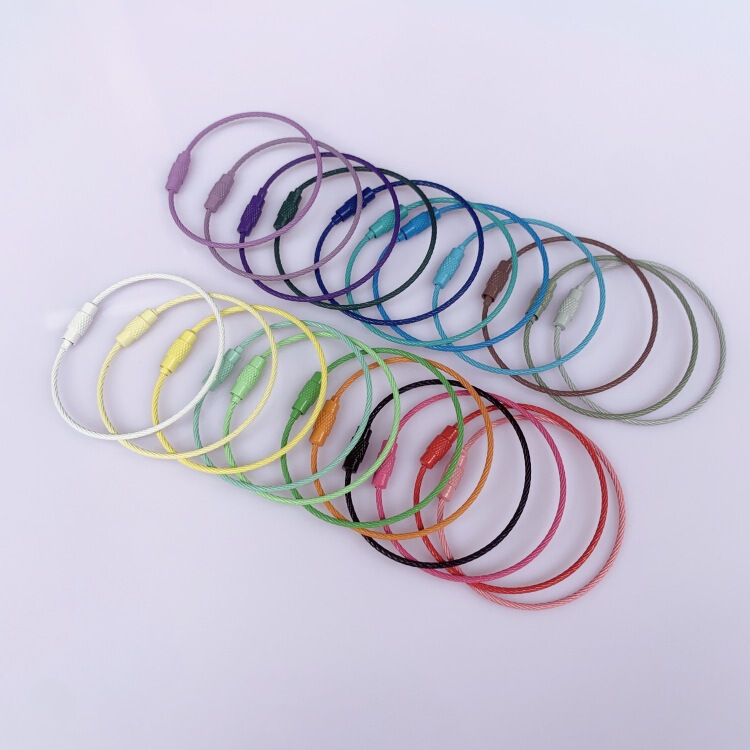 Factory direct candy color galvanized steel wire rope 1.5*150mm paint tag rope buckle DIY key ring