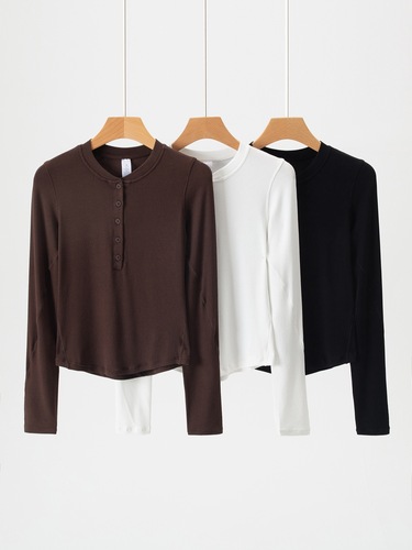 New HT Henry Shirt Women's Long-Sleeve T-Shirt, Slim-Fit Yoga Wear, High-Elastic Ribbed Knit V-Neck Base Layer with Buttons for Sports