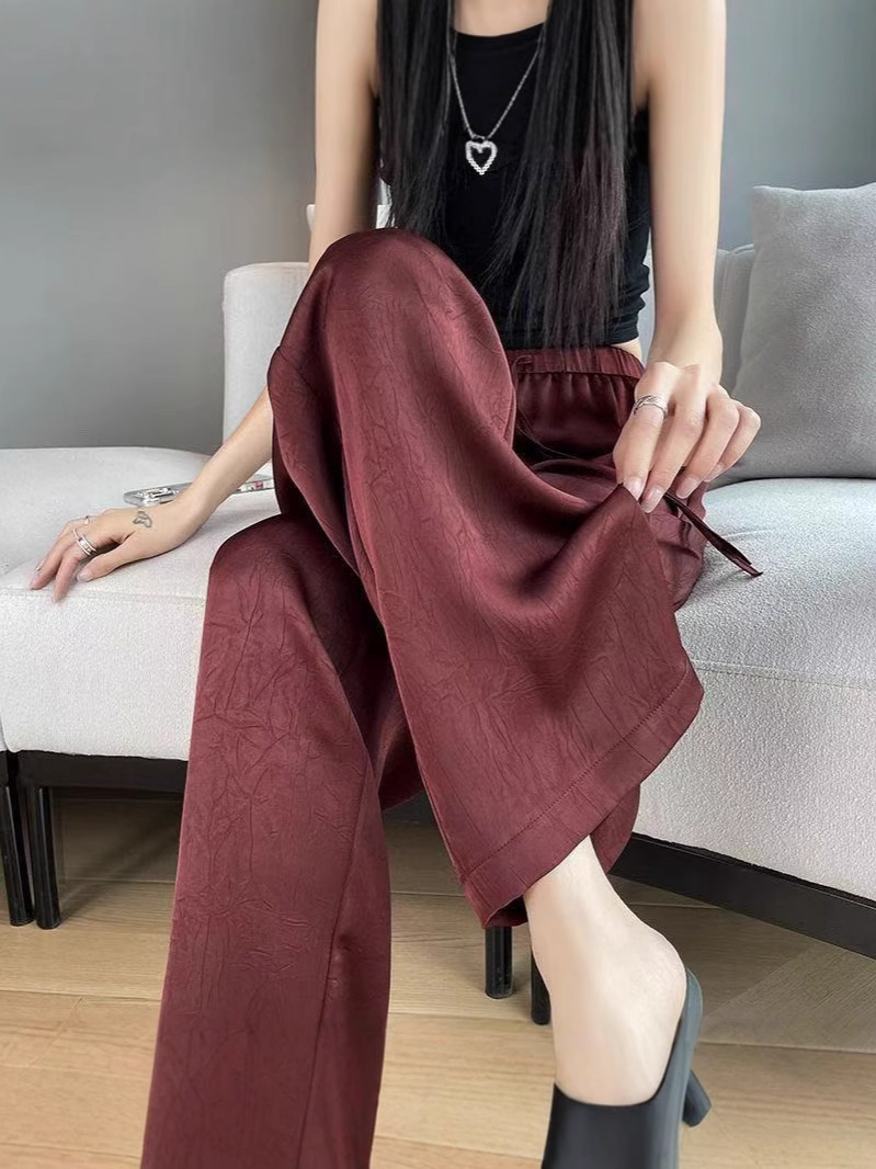 Pantalones anchos de satén de ácido acético chino de estilo fino de verano para mujer, pantalones casuales de cintura alta sueltos rectos 2025 explosivos