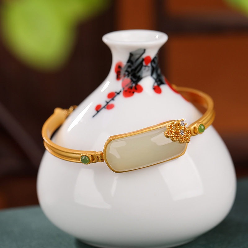 Vòng tay nữ bạc S925 mạ vàng đính ngọc bích jasper phong cách Trung Quốc — Một chiếc