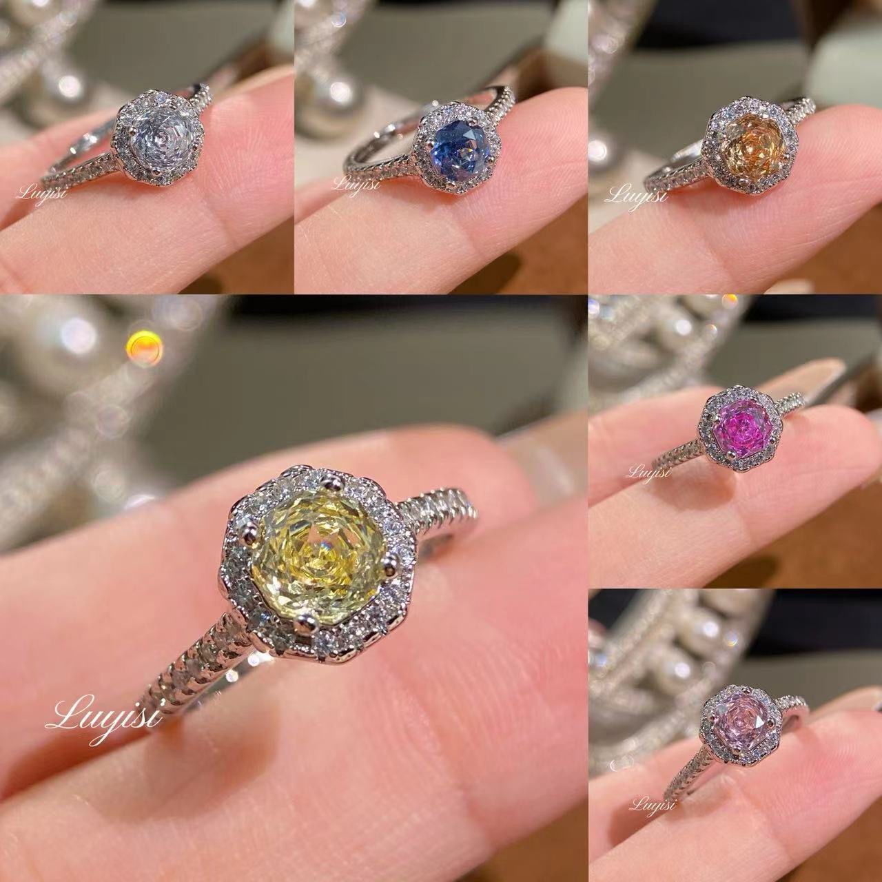 New Live Broadcast Octagonal Millennium Rose Cut Aquamarine Zircon Ring for Women Inlaid with High Carbon Diamonds Full Diamond Ring Wholesale