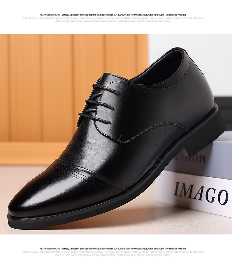 Giày da nam công sở da bò thoáng khí tăng chiều cao 6 cm — Màu đen, Độn cao màu đen chi tiết 23