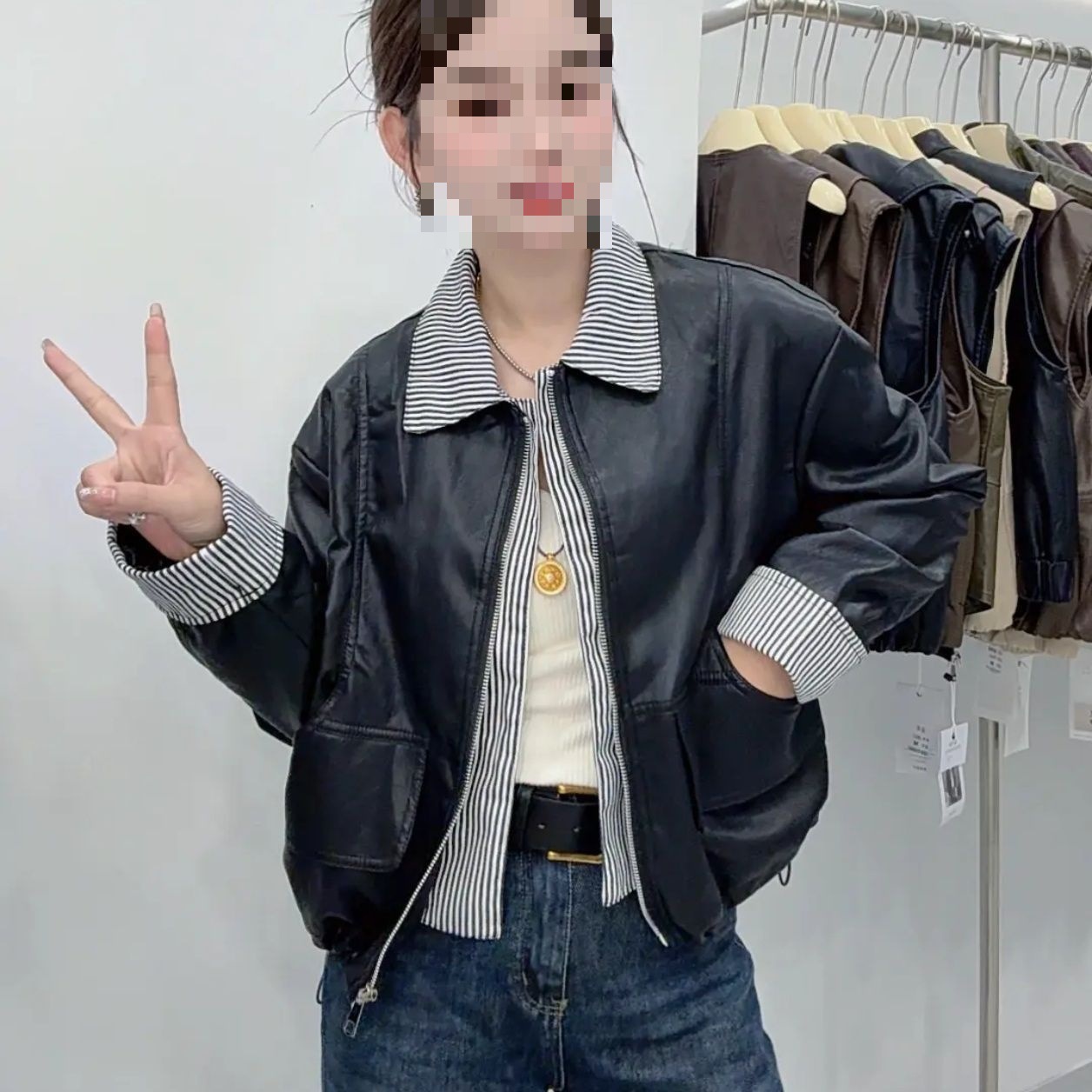 时尚假两件皮衣外套女短款秋季新款宽松条纹拼接洋气皮夹克