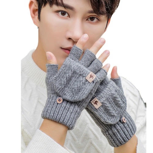 Men's Winter Cashmere-Like Warm Thicken Half-Finger Gloves Half-Length Flap Cover Student Writing Driving Phone Use Winter