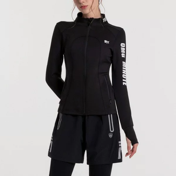 Vertical Collar Sports Fitness Jacket Letter Zipper Elastic Tight Slim Jacket Fashionable Trendy Cool Running Training Clothes