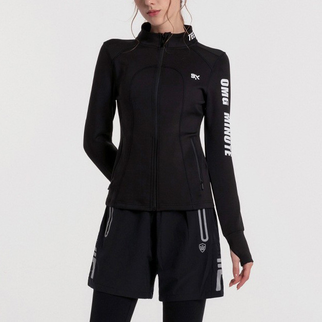 Vertical Collar Sports Fitness Jacket Letter Zipper Elastic Tight Slim Jacket Fashionable Trendy Cool Running Training Clothes