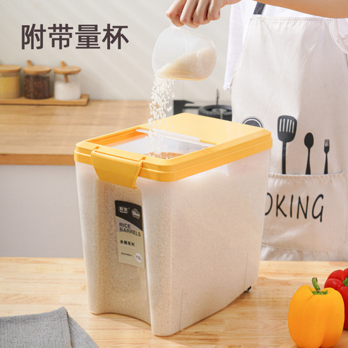Factory Direct Sale Household Plastic Rice Bucket 10kg Transparent Rice Storage Box Kitchen Moisture-Proof Coarse Grain Rice Container with Measuring Cup Wholesale