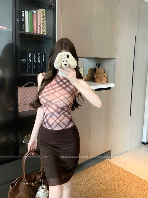 Retro Half Turtleneck Slightly See-Through Vest Top High Waist Mesh Skirt 2025 Summer New Fashion Two-Piece Set for Women