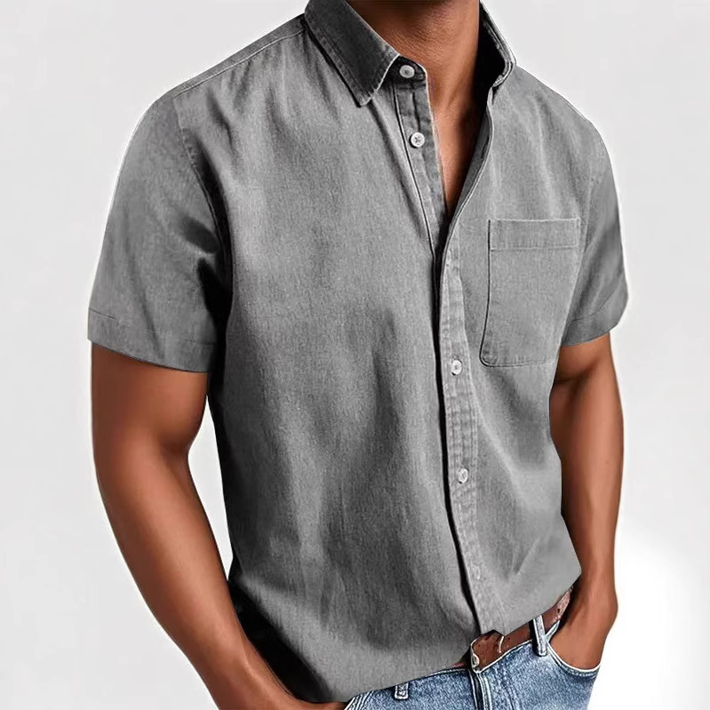New 2022 Summer Street Style Shirt, Solid Color Washed Cardigan Short Sleeve Fashion Urban Turn-down Collar Men's Shirt_voghion.com