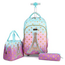 新款亮片铁塔卡通小学生通用17寸书包三件套减负女孩儿童双肩背包