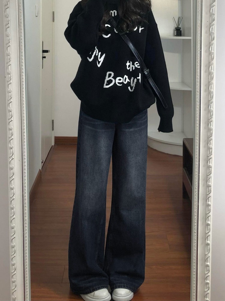 Blue-gray flared jeans for women, new spring style for plus-size girls, high-waisted, loose, slimming, straight-leg, wide-leg, trendy pants