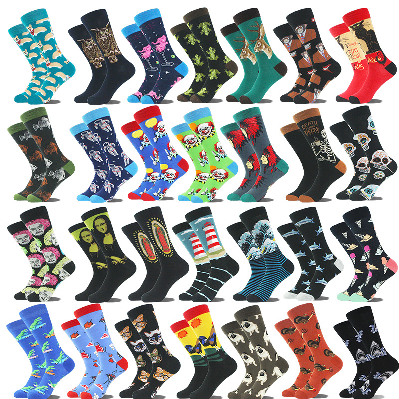 Calcetines animales de dibujos animados calcetines de tiburón pintura al óleo vintage de los hombres calcetines de los hombres del nuevo comercio exterior