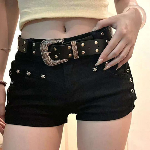 American hot girl bag hip small black pants, solid color zipper washed design, super shorts, women's low-waist, slim trendy shorts, women