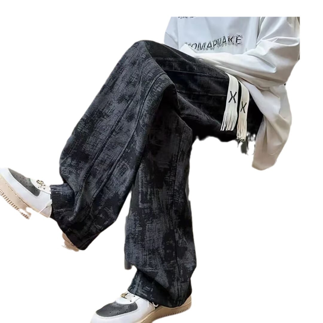 Pantalones casuales americanos de alta calle para hombres sueltos marca de moda vertical primavera y otoño atado teñido pantalon deportivo de terciopelo universal