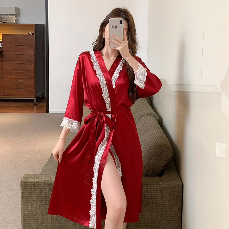 Camisón de otoño e invierno, dama de honor de seda de hielo femenino, bata de la mañana, bata de baño sexy, estilo de hotel, servicio a domicilio suelto de gran tamaño para damas