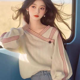 秋独特别致小个子宽松条纹慵懒卫衣女设计感长袖上衣