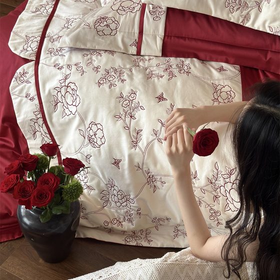 Modern Style Wedding Red Cotton Embroidery Accompanying Bedding Set