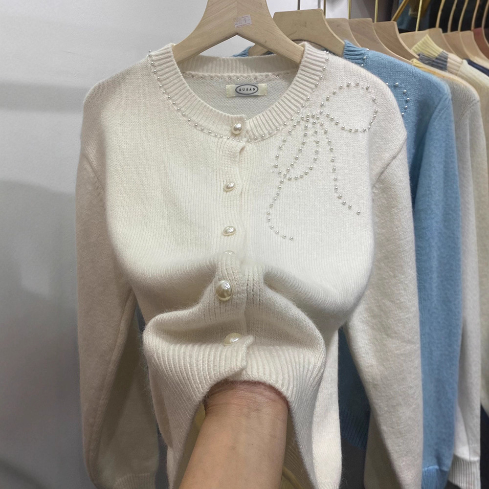 Women's Clothing Chic Embellished Bow Knit Cardigan For Women - Autumn Casual Long Sleeve Open Front Sweater (Blue, Yellow, Gray, Beige, Pink)_voghion.com