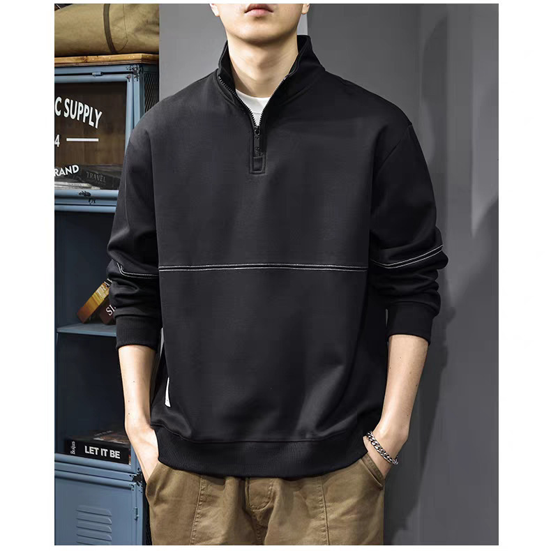 2025 Autum American Half-Zip Stand-Up Collar Sweatshirt Men's Design Splicing Retro Heavy Loose Long-Sleeved Polo Shirt