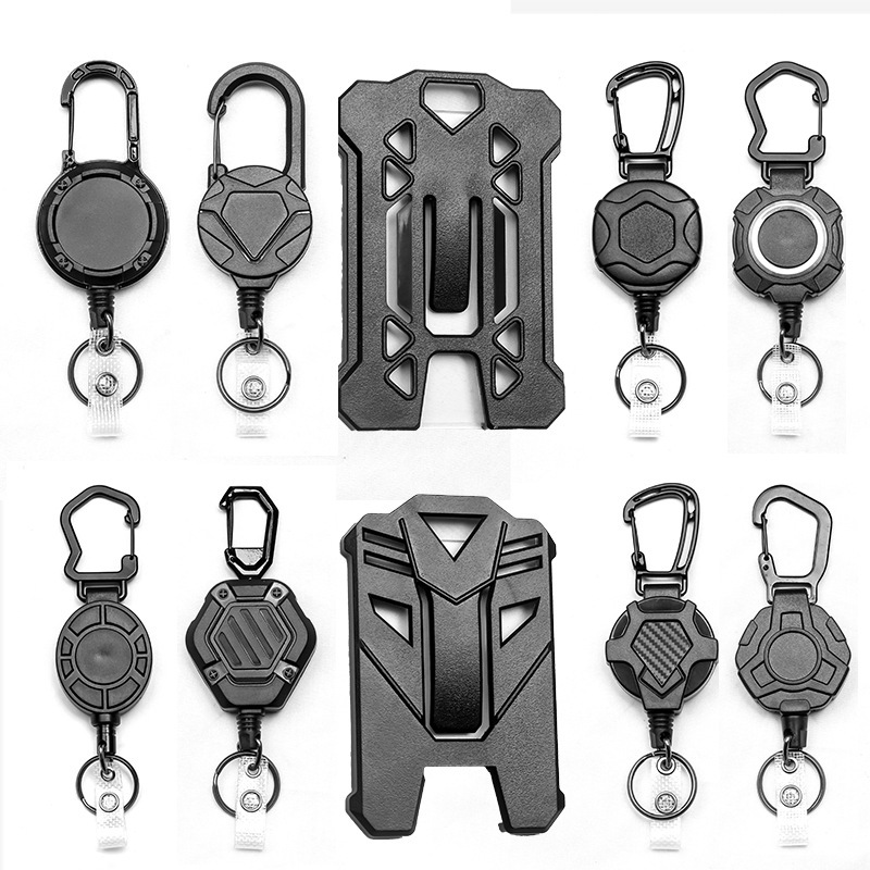 Factory creative outdoor mountaineering easy pull-up buckle wire rope badge clip belt back clip automatic retractable key chain card set