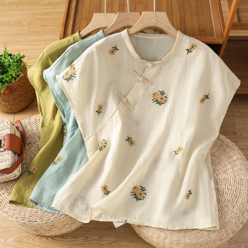 Artistic Cotton and Linen Embroidered Elegant Shirt for Women, Summer Thin Style, Round Neck, Loose Casual Versatile Pullover Top for Women Artistic Cotton and Linen Embroidered Elegant Shirt for Women, Summer Thin Style, Round Neck, Loose Casual Versatile Pullover Top for Women