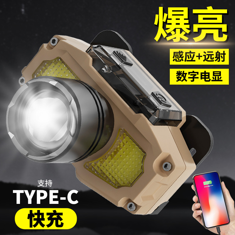 跨境新款户外远射伸缩变焦钓鱼头灯爆亮数显三灯强光防水照明头灯