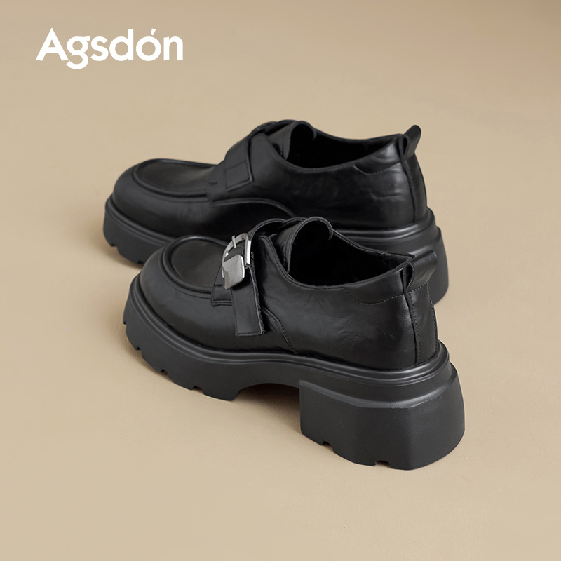 Augu Shi Deng negro graso Lefour zapatos para mujeres 2025 nuevo otoño invierno zapatos de cuero con una sola falda zapatos