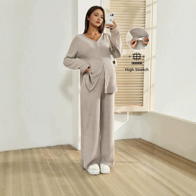 European and American style maternity 2-piece set: knitted cardigan top with adjustable waist and casual loose long pants maternity suit European and American style maternity 2-piece set: knitted cardigan top with adjustable waist and casual loose long pants maternity suit