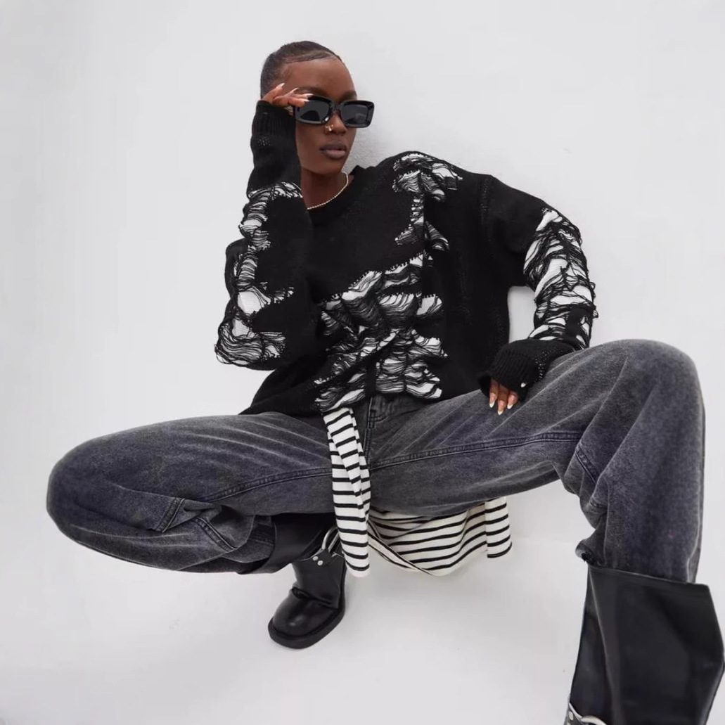 Sieviešu apģērbs Pulovers ar garām piedurknēm Ins Style Meiteņu top trikotāžas džemperis ikdienišķs brīvs, nobružāts džemperis_voghion.com