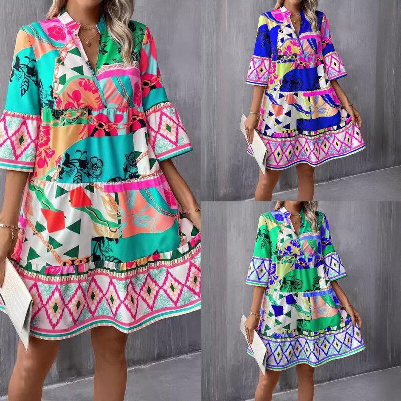 ruffled hem geometric print 3/4 sleeve blouse women's dress