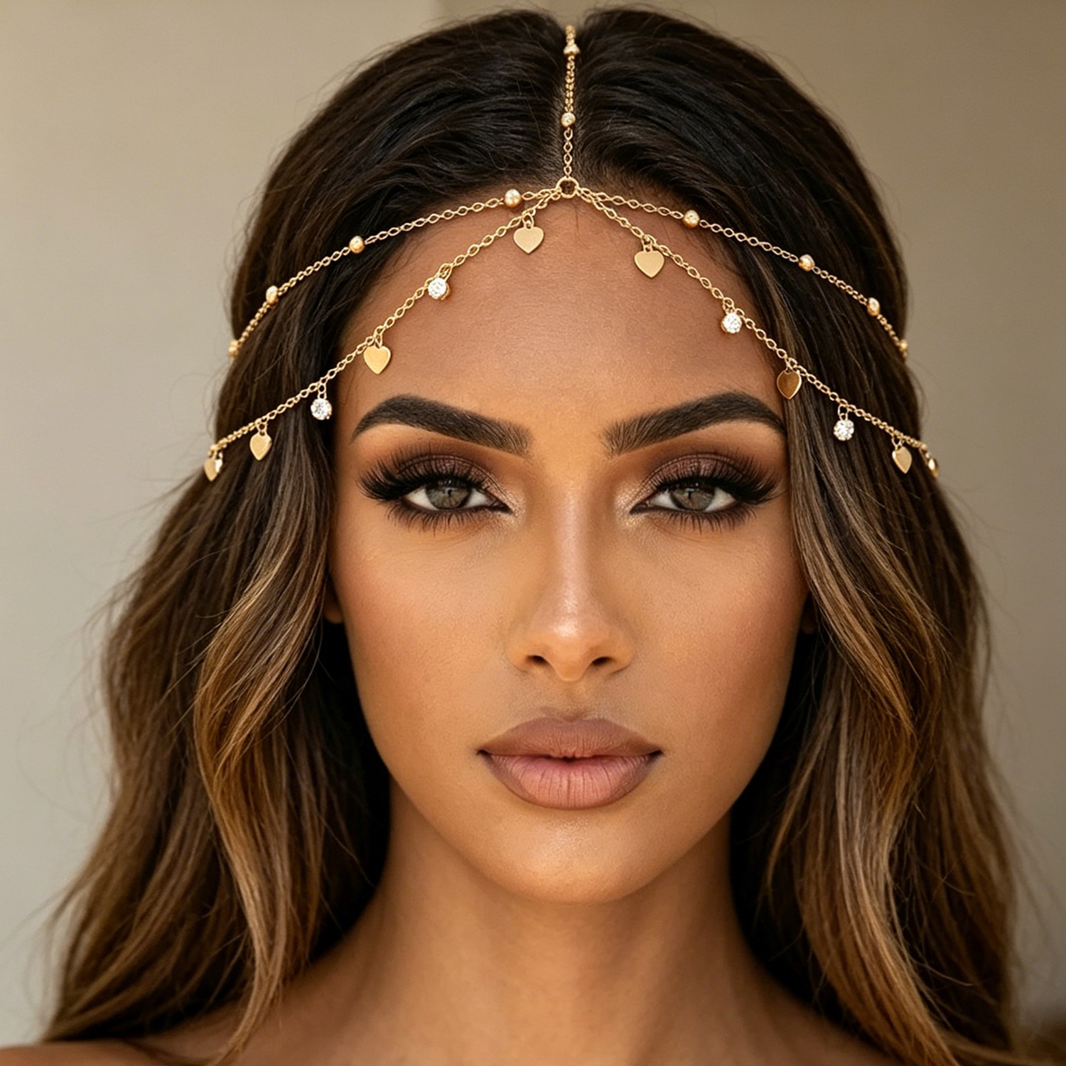 European and American Cross-Border Jewelry, Fashionable Bohemian Holiday Style Love Pendant Head Chain, Multi-Layer Rhinestone Chain Hair Accessory