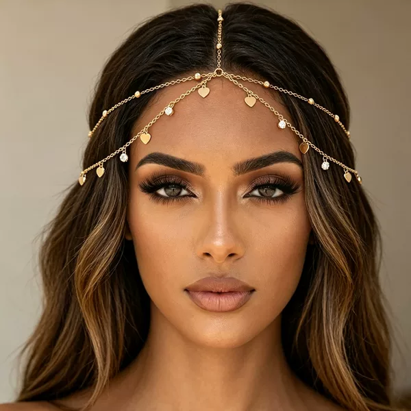 European and American Cross-Border Jewelry, Fashionable Bohemian Holiday Style Love Pendant Head Chain, Multi-Layer Rhinestone Chain Hair Accessory