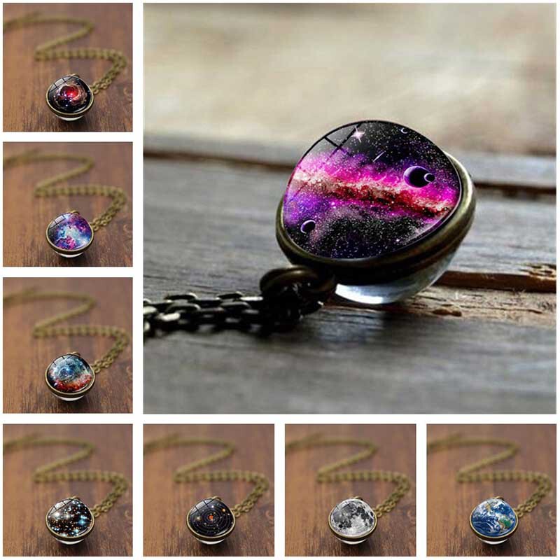 Universe Galaxy Nebula Earth double-sided glass ball pendant necklace women's all-match European and American retro sweater chain jewelry