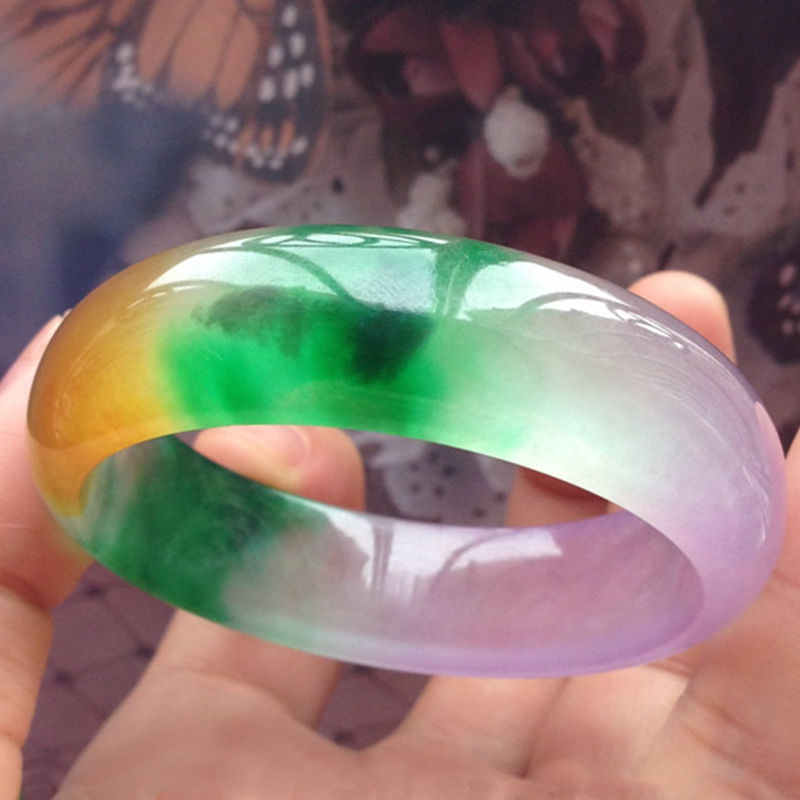 精美玉器三彩新矿翡翠手镯冰种福禄寿三色玉镯女款石英岩质玉