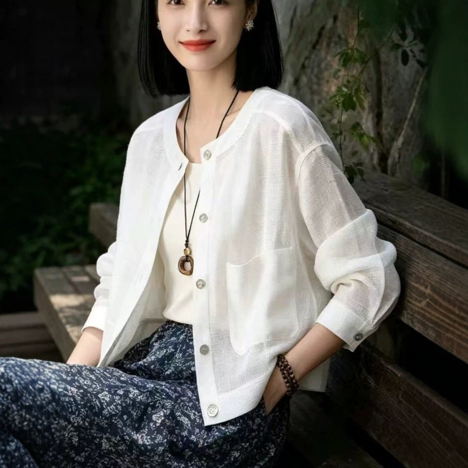 Áo khoác nữ ngắn cổ tròn dáng rộng nhẹ thoáng phong cách công sở — Áo khoác màu lanh nguyên bản (chất lượng cao), Áo khoác trắng (chất lượng cao)