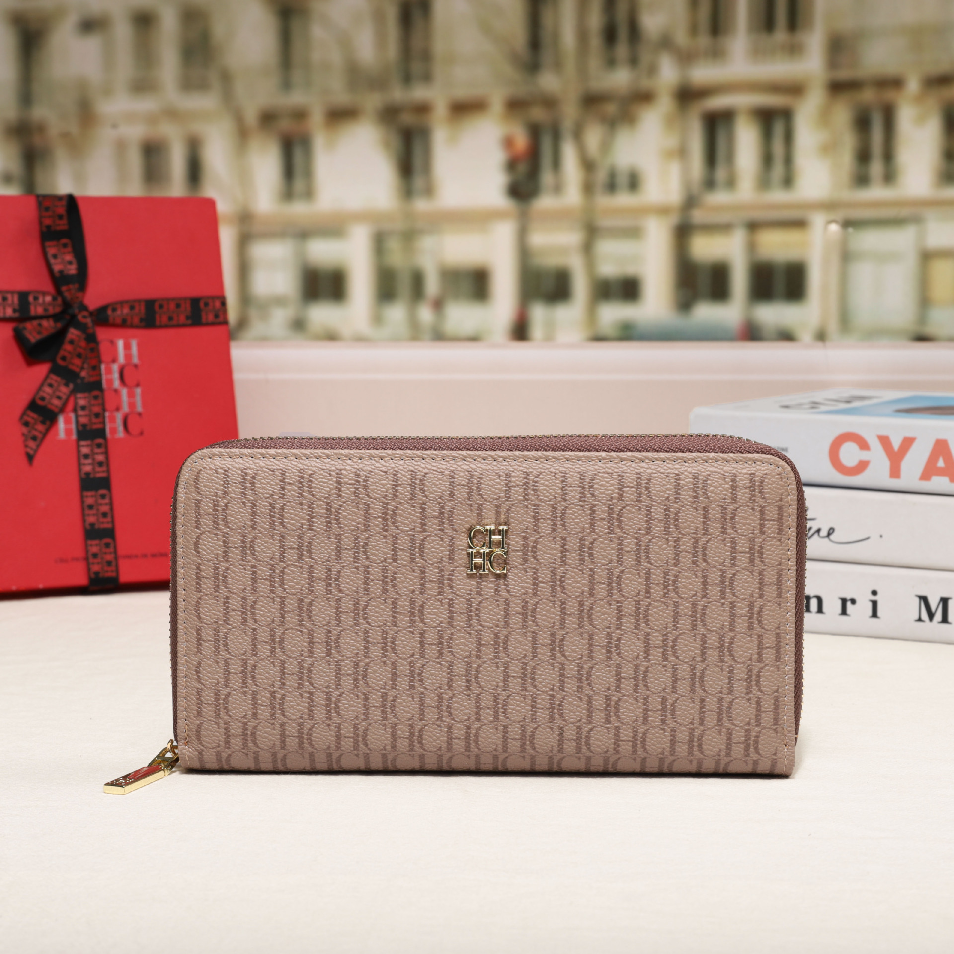 CHHC nuevo bolso 2025 moda femenina billetera con cremallera clásica textura real bolso largo unisex