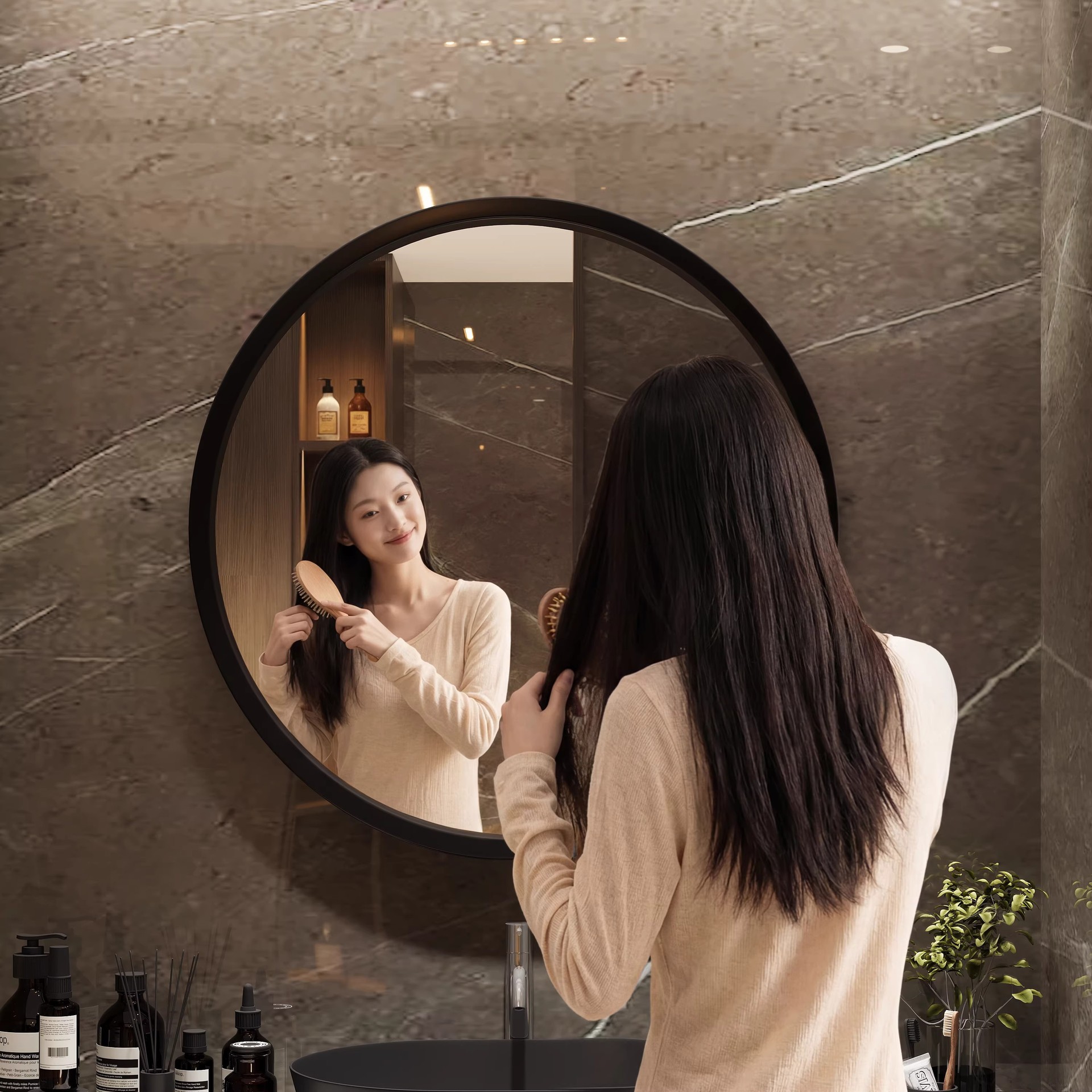 Espejo de maquillaje redondo de madera de lujo ligero colgado en pared espejo de alta definición dormitorio casero梳妆台 baño espejo de maquillaje de doble propósito