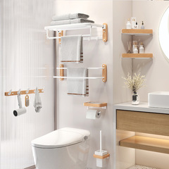 Solid Wood Towel Rack for Bathroom and Shower—No Drilling Required, Foldable Double-Bar Towel Holder, Bathroom Set