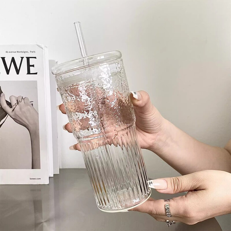 Household Large-Capacity High-Temperature-Resistant Glass Cup with Lid, Straw, Hammered Texture Cup, Milk Tea Coffee Cup, Beverage Cup, Water Cup