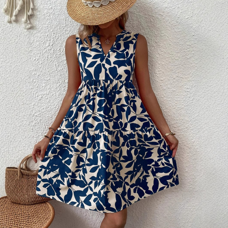 Summer Women's Full Body Plant Print Notch Collar Ruffled Hem Dress Loose V Neck Sleeveless Dress