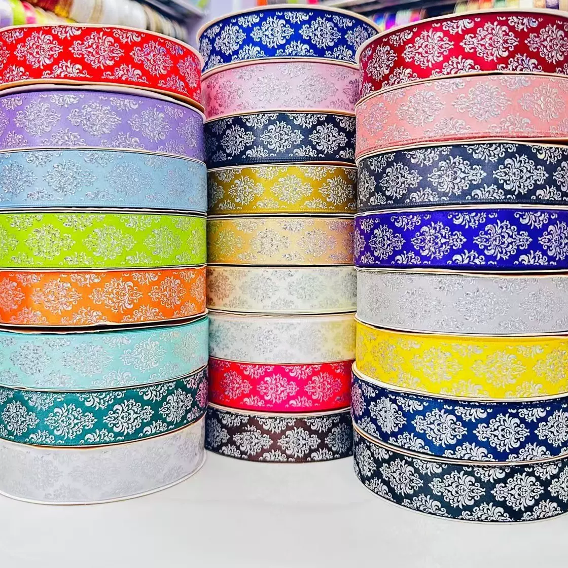 2.5cm宽镭射银爆款丝带欧式花纹厂家直销 手作吧唧托丝带蝴蝶结