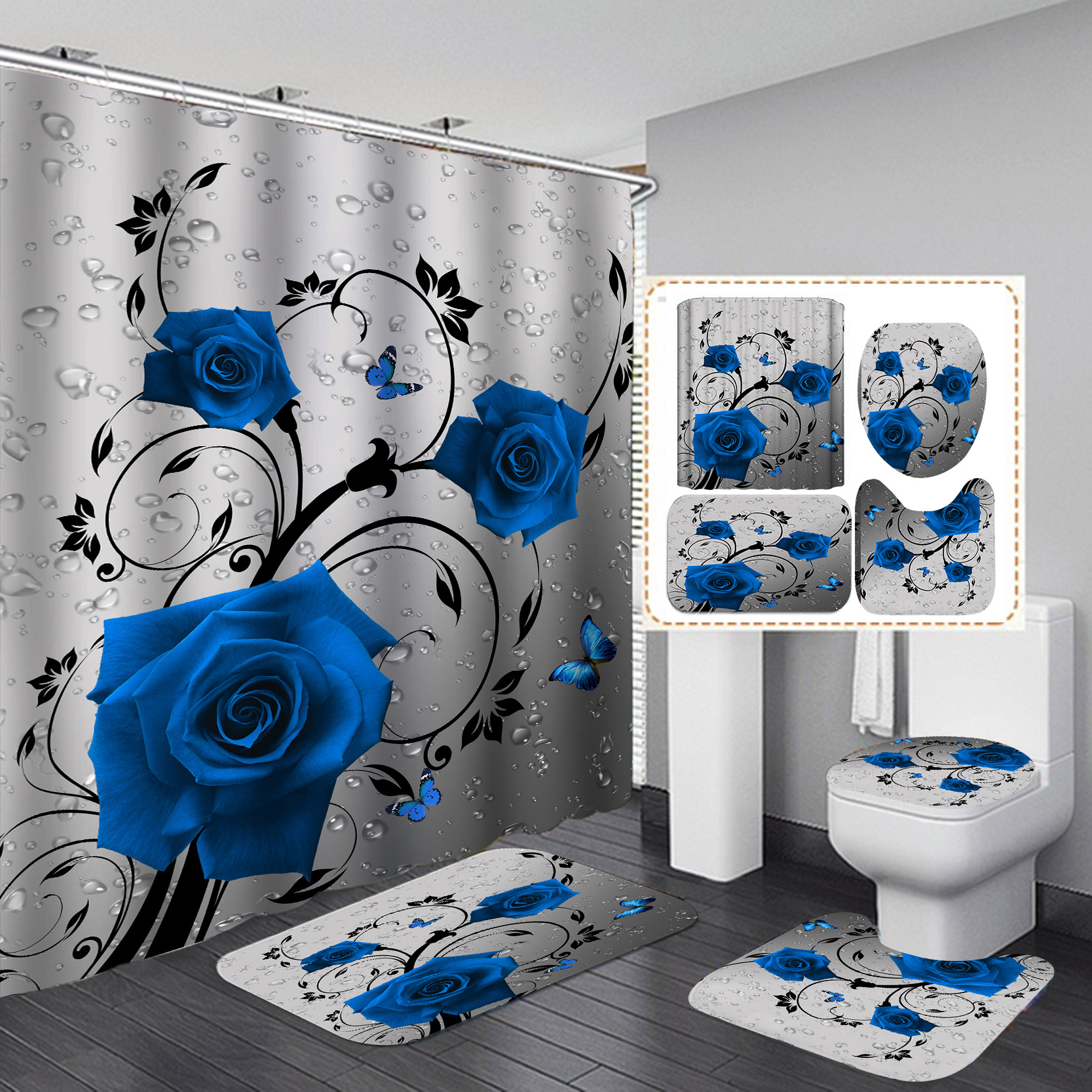 Comercio electrónico transfronterizo Impresión digital impermeable Cortina de ducha fuente fábrica al por mayor Hotel baño Punch-libre Cortina de ducha traje