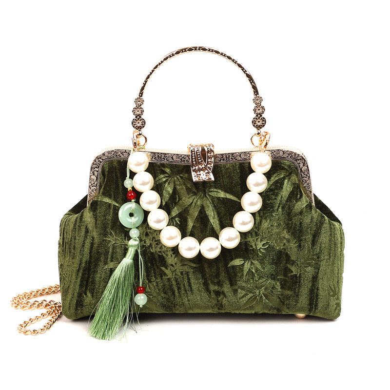 Broderad retro handväska för dam med pärlor och kedja_voghion.com