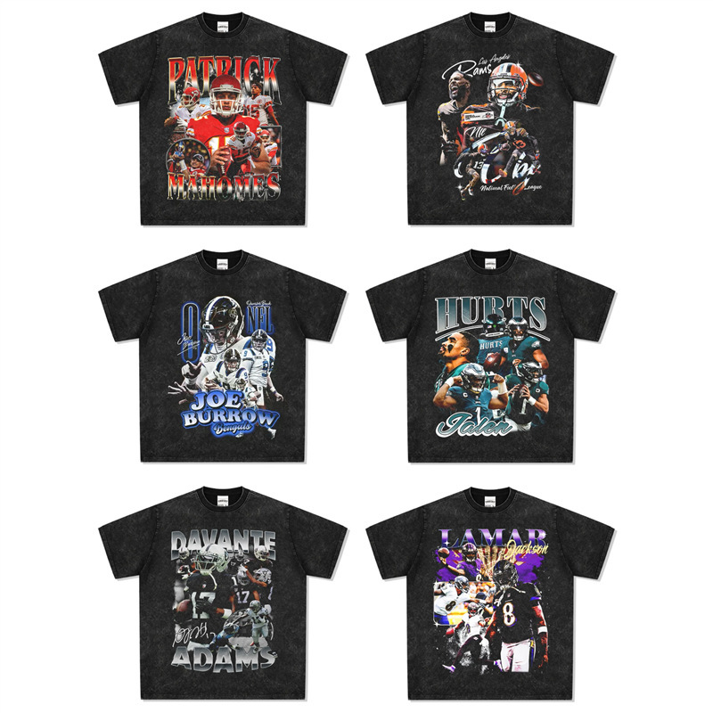 Mahomes Beckham Josh Allen Joe Burrow American Football Star Print Washed Loose Short-Sleeve Shirt