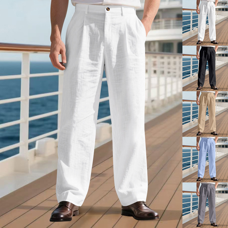 Cross-Border Temu American Linen Men's Casual Pants Summer Thin Style Loose Straight Business Suit Trousers Men