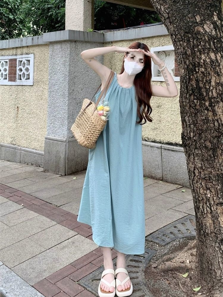 Đầm maxi nữ mùa hè dáng suông tay vest, phong cách nghỉ mát bãi biển — Xanh lá cây nhạtcolor chi tiết 2