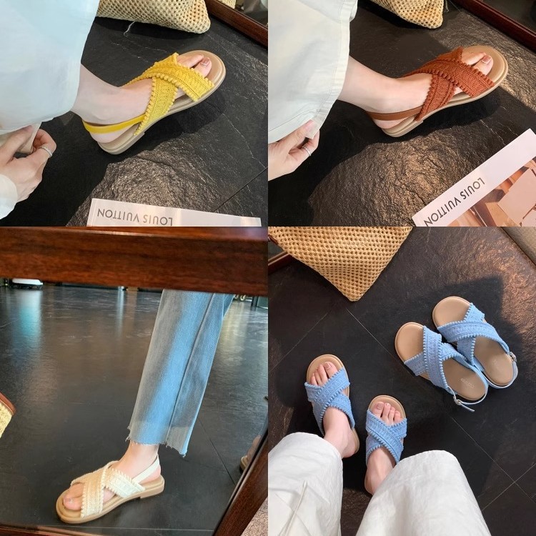Dos versiones de sandalias planas de Grape Mom ~ Sandalias y pantuflas de punta abierta tejidas cruzadas estilo vacaciones verano femenino