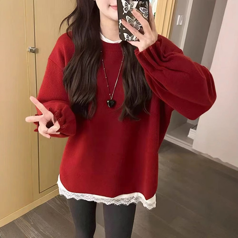 秋冬洋气软糯超好看针织衫安哥拉红色新年圣诞蕾丝裙摆毛衣女