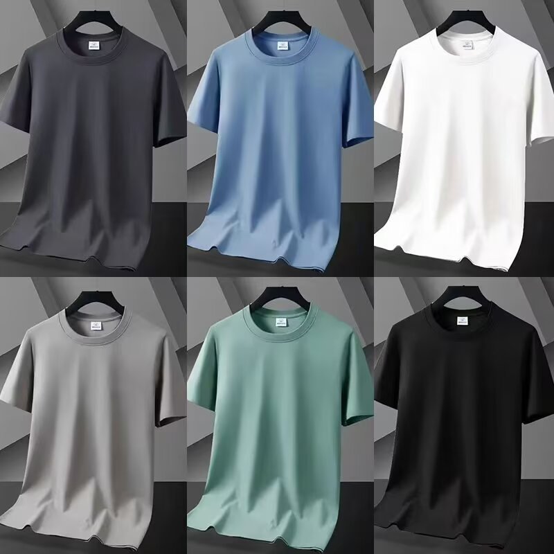 (Cross-border trading), quick dry silk fashionable elite solid color colored short sleeve T-shirt, loose fit, with short sleeve