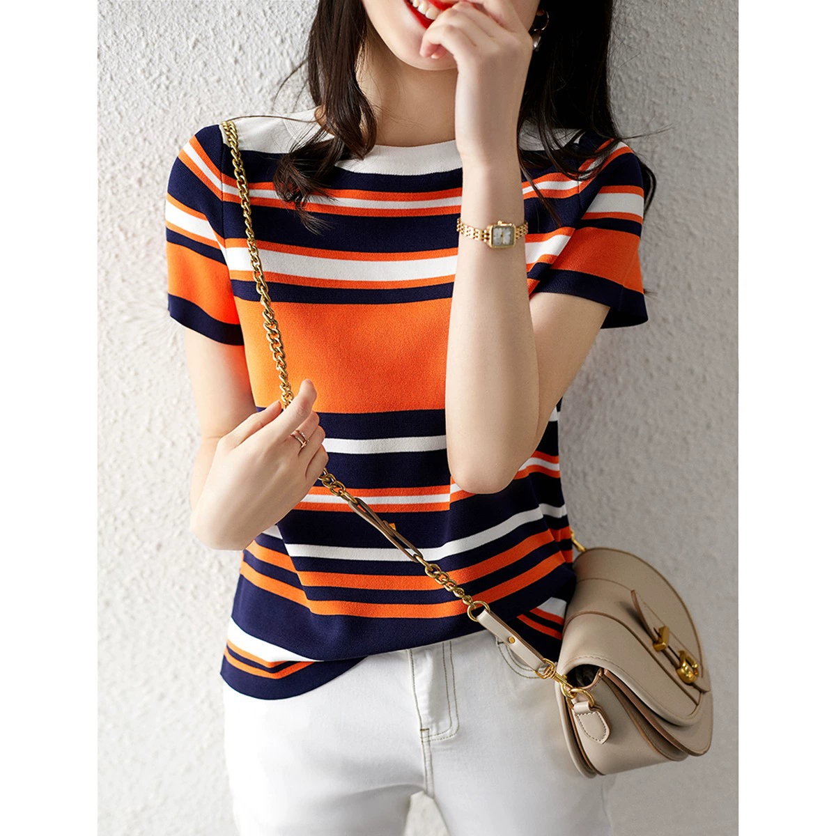 2024 летняя футболка в полоску с короткими рукавами, женский свитер с круглым вырезом, свитер контрастных цветов, Свободный Тонкий Топ для похудения